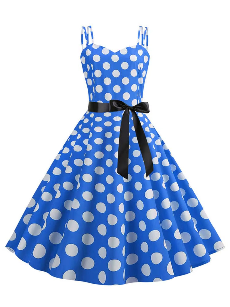 Women Summer Dress Robe Vintage 50S 60S Big Swing Party Rockabilly Dress Sexy Spaghetti Strap Polka Dot Vestidos
