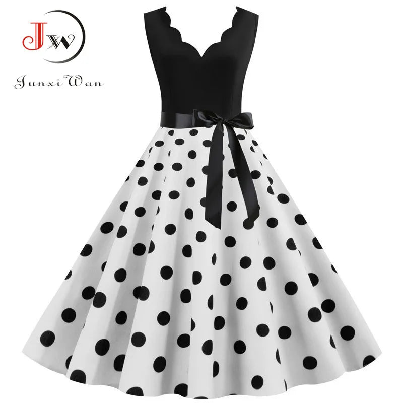 Polka Dot Print Vintage Women Summer Dress Black Patchwork Sleeveless V Neck Elegant Party Dresses Casual Robe Midi
