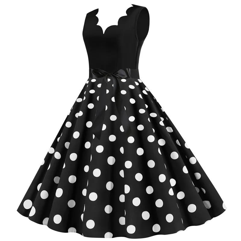Polka Dot Print Vintage Women Summer Dress Black Patchwork Sleeveless V Neck Elegant Party Dresses Casual Robe Midi