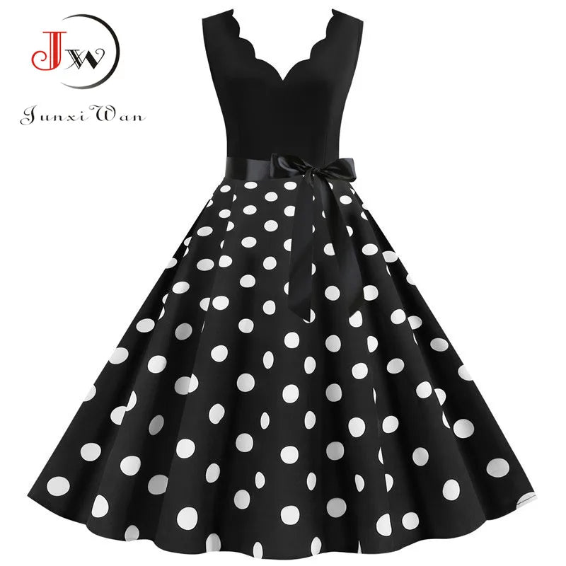 Polka Dot Print Vintage Women Summer Dress Black Patchwork Sleeveless V Neck Elegant Party Dresses Casual Robe Midi