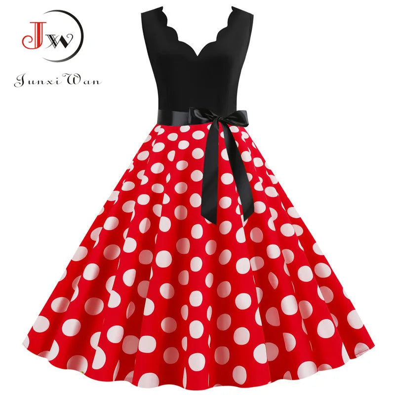 Polka Dot Print Vintage Women Summer Dress Black Patchwork Sleeveless V Neck Elegant Party Dresses Casual Robe Midi