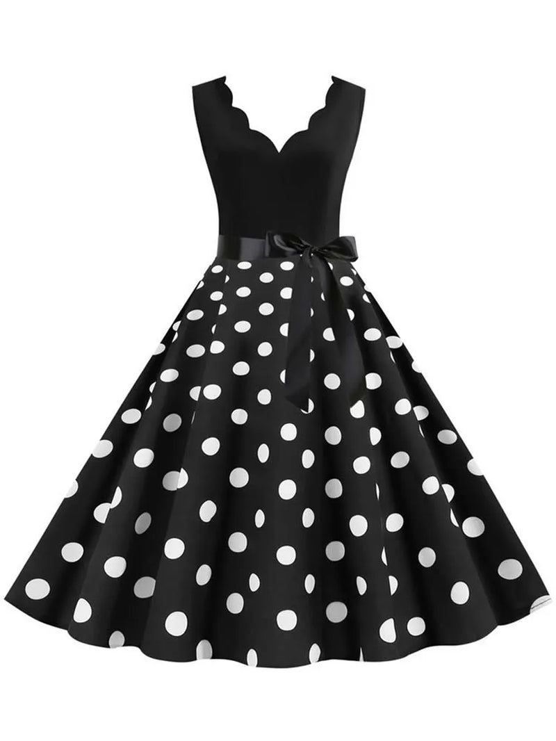 Polka Dot Print Vintage Women Summer Dress Black Patchwork Sleeveless V Neck Elegant Party Dresses Casual Robe Midi