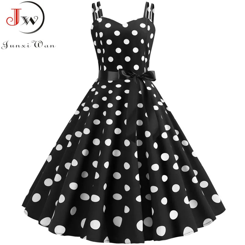 Women Summer Dress Robe Vintage 50S 60S Big Swing Party Rockabilly Dress Sexy Spaghetti Strap Polka Dot Vestidos