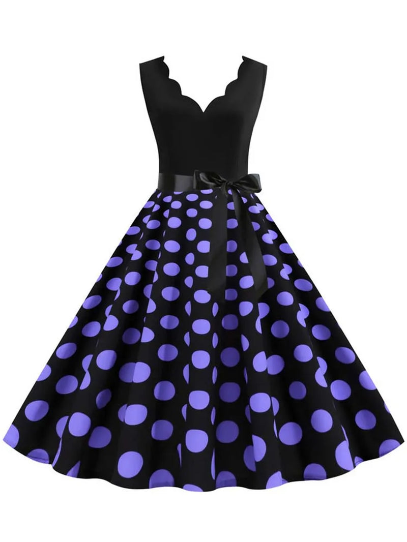Polka Dot Print Vintage Women Summer Dress Black Patchwork Sleeveless V Neck Elegant Party Dresses Casual Robe Midi