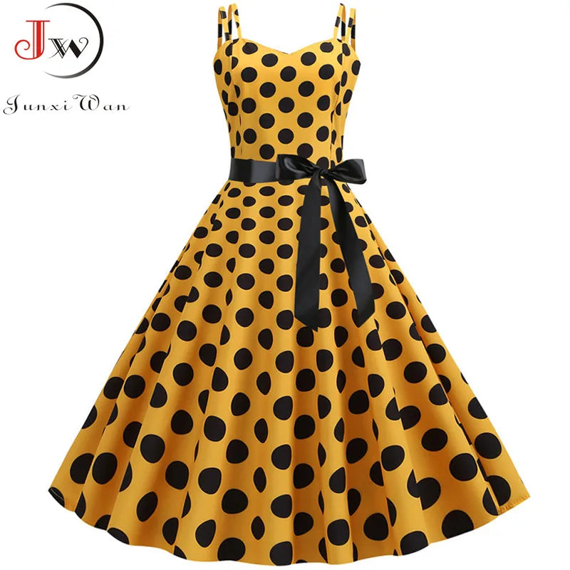 Women Summer Dress Robe Vintage 50S 60S Big Swing Party Rockabilly Dress Sexy Spaghetti Strap Polka Dot Vestidos
