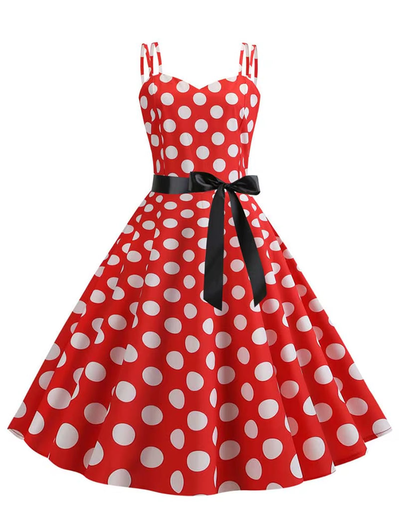 Women Summer Dress Robe Vintage 50S 60S Big Swing Party Rockabilly Dress Sexy Spaghetti Strap Polka Dot Vestidos