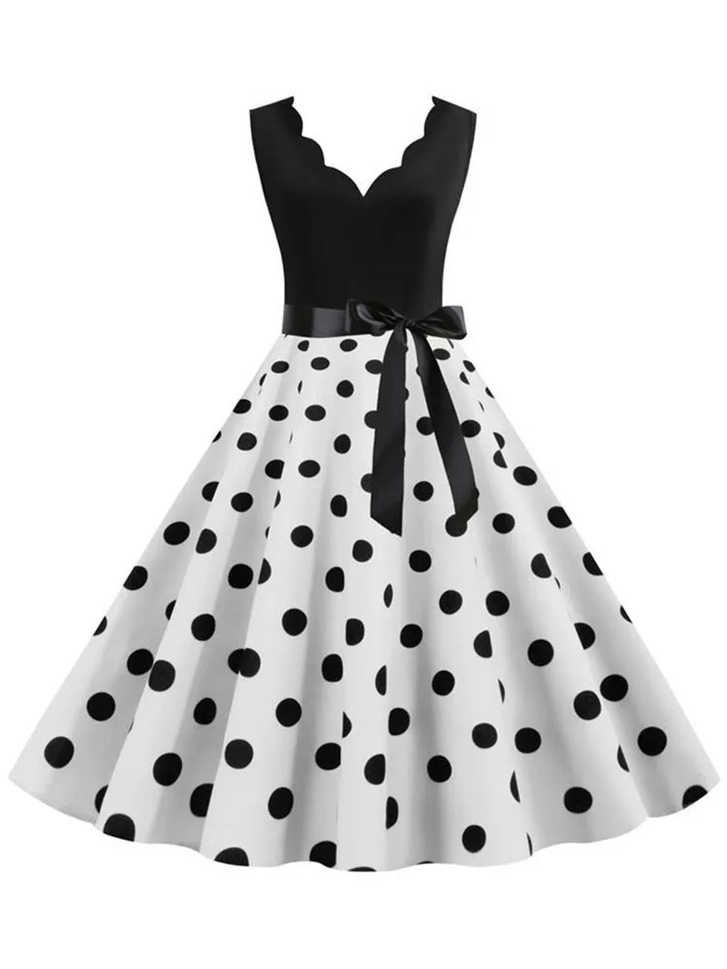 Polka Dot Print Vintage Women Summer Dress Black Patchwork Sleeveless V Neck Elegant Party Dresses Casual Robe Midi