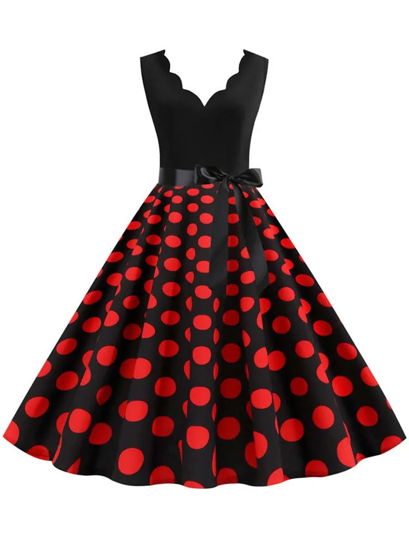 Polka Dot Print Vintage Women Summer Dress Black Patchwork Sleeveless V Neck Elegant Party Dresses Casual Robe Midi
