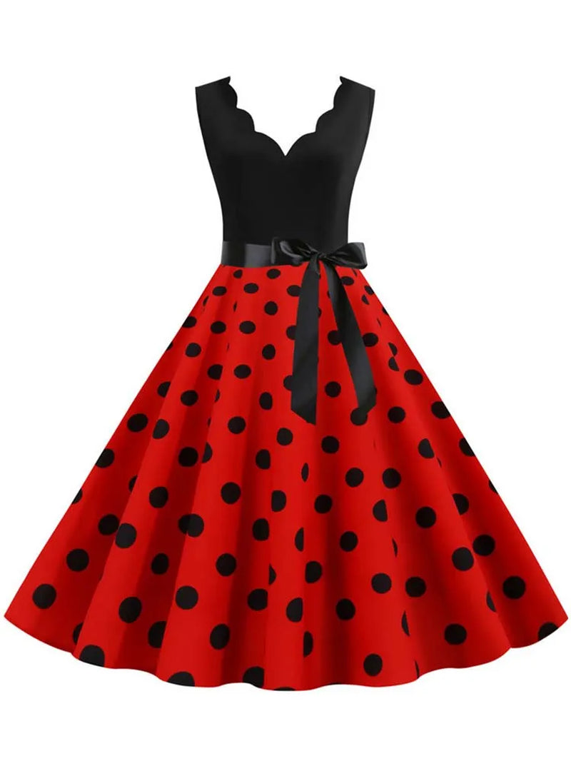 Polka Dot Print Vintage Women Summer Dress Black Patchwork Sleeveless V Neck Elegant Party Dresses Casual Robe Midi