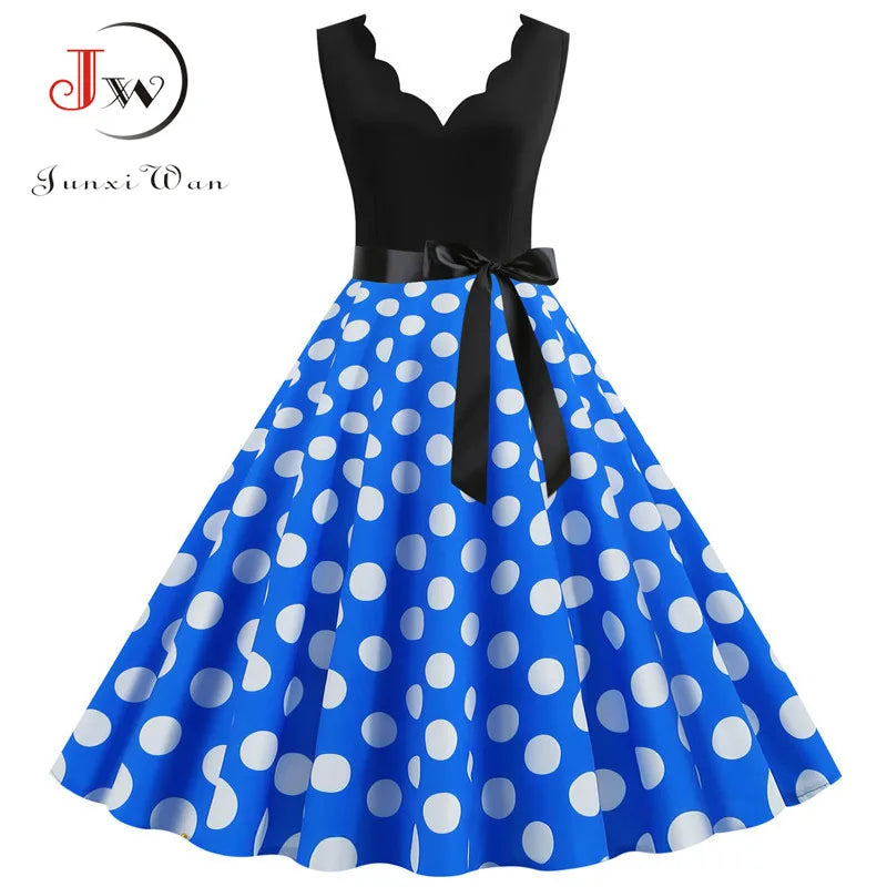 Polka Dot Print Vintage Women Summer Dress Black Patchwork Sleeveless V Neck Elegant Party Dresses Casual Robe Midi