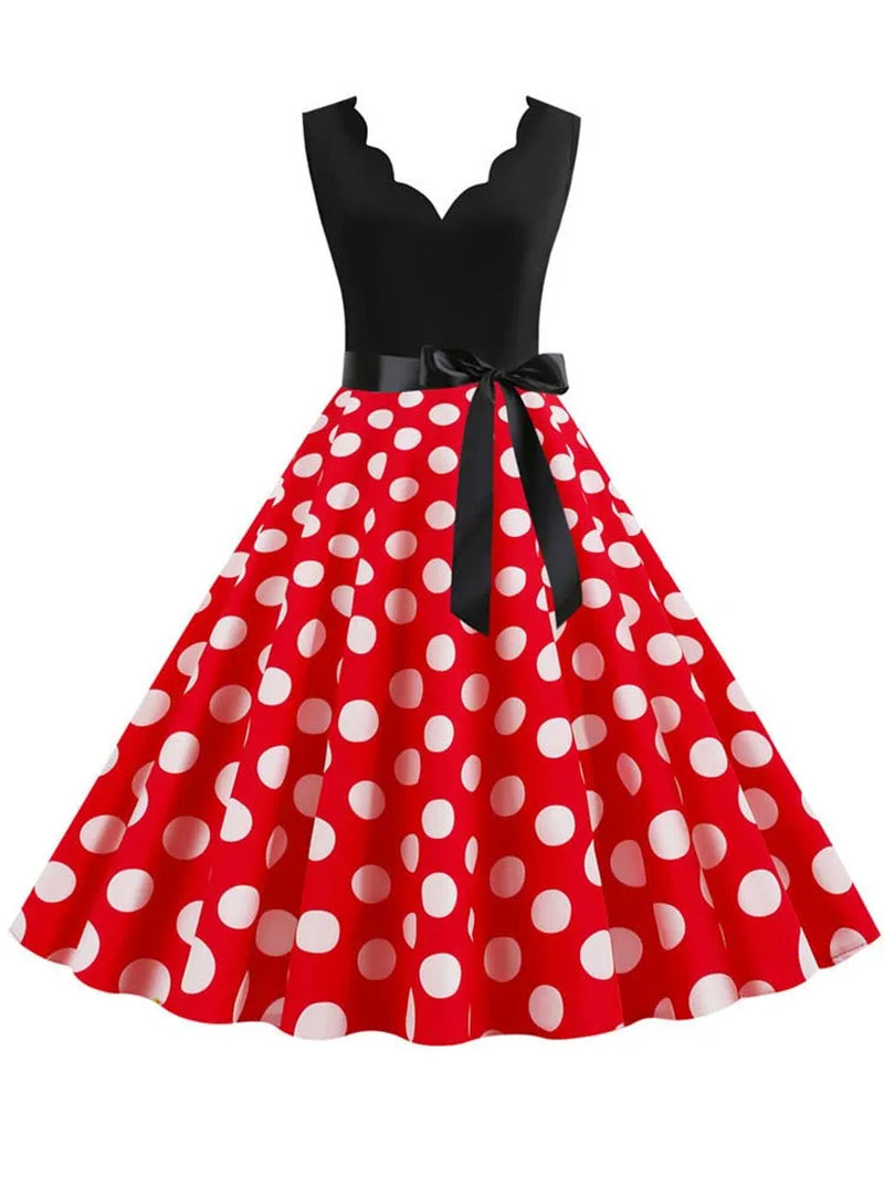 Polka Dot Print Vintage Women Summer Dress Black Patchwork Sleeveless V Neck Elegant Party Dresses Casual Robe Midi