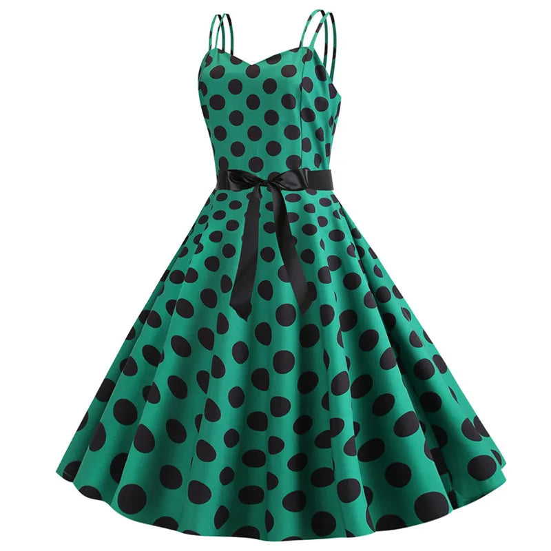 Women Summer Dress Robe Vintage 50S 60S Big Swing Party Rockabilly Dress Sexy Spaghetti Strap Polka Dot Vestidos