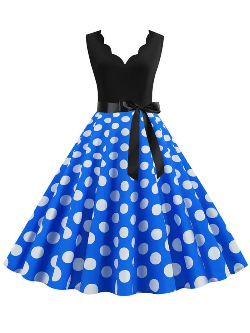 Polka Dot Print Vintage Women Summer Dress Black Patchwork Sleeveless V Neck Elegant Party Dresses Casual Robe Midi