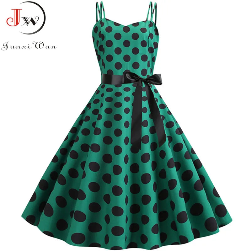 Women Summer Dress Robe Vintage 50S 60S Big Swing Party Rockabilly Dress Sexy Spaghetti Strap Polka Dot Vestidos