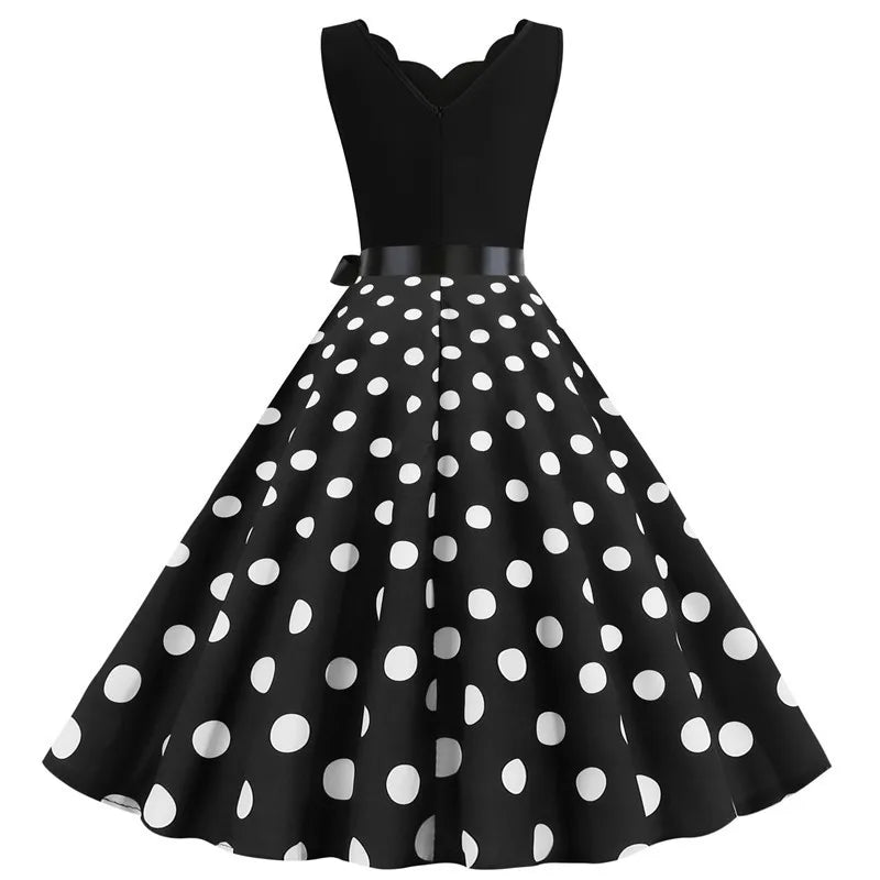 Polka Dot Print Vintage Women Summer Dress Black Patchwork Sleeveless V Neck Elegant Party Dresses Casual Robe Midi