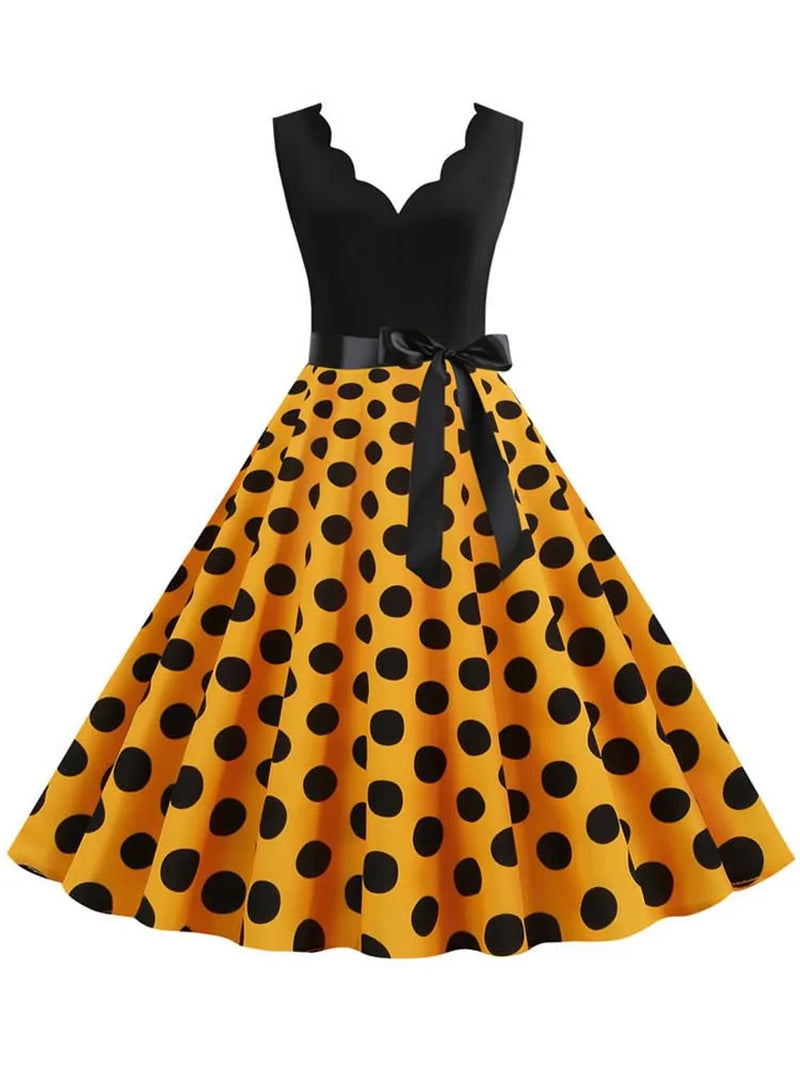 Polka Dot Print Vintage Women Summer Dress Black Patchwork Sleeveless V Neck Elegant Party Dresses Casual Robe Midi