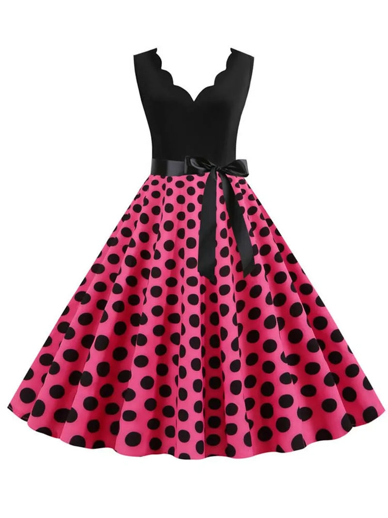Polka Dot Print Vintage Women Summer Dress Black Patchwork Sleeveless V Neck Elegant Party Dresses Casual Robe Midi