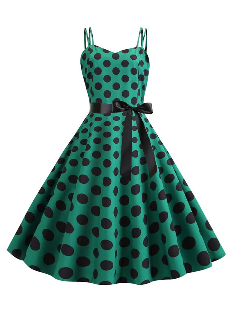 Women Summer Dress Robe Vintage 50S 60S Big Swing Party Rockabilly Dress Sexy Spaghetti Strap Polka Dot Vestidos
