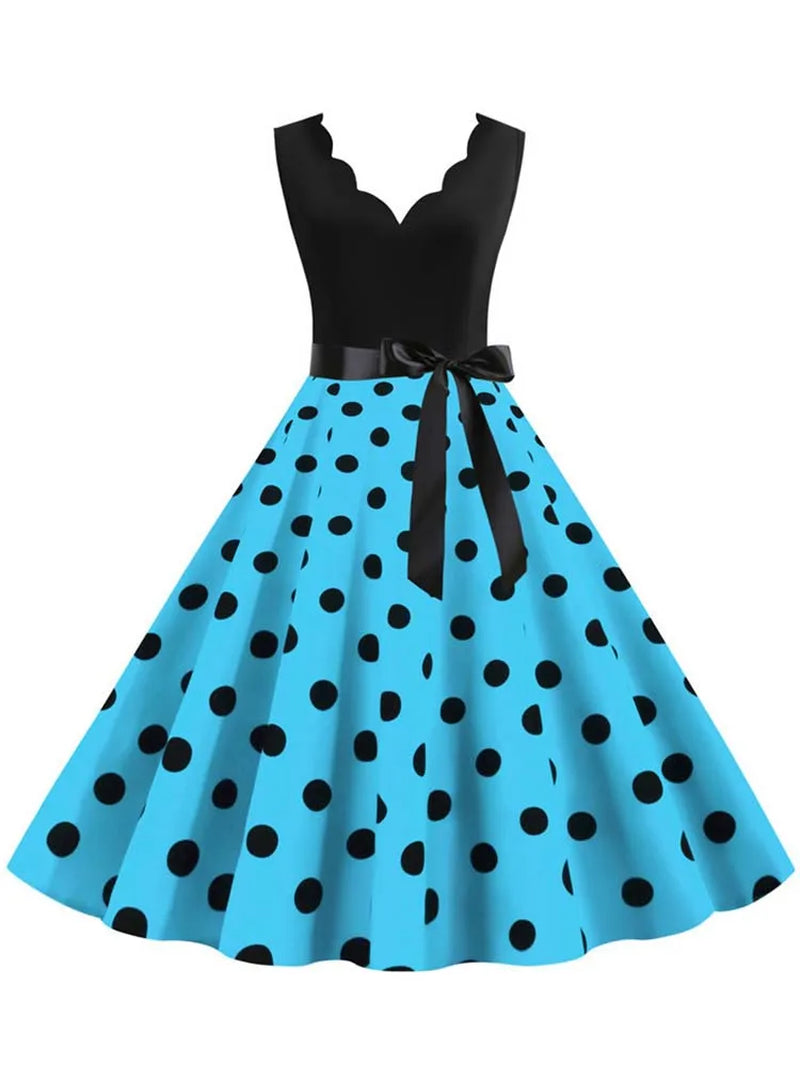 Polka Dot Print Vintage Women Summer Dress Black Patchwork Sleeveless V Neck Elegant Party Dresses Casual Robe Midi