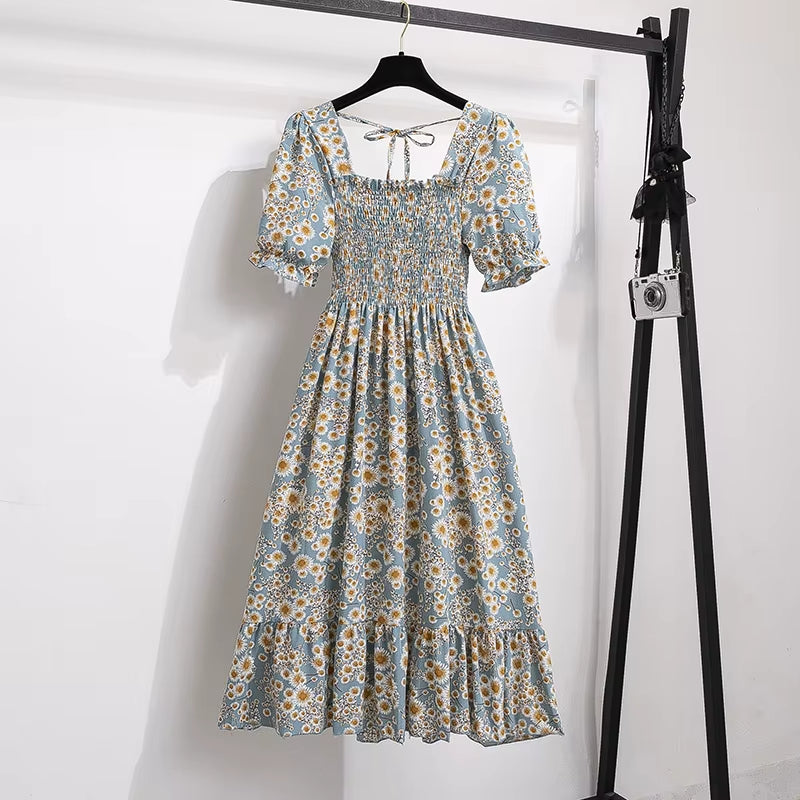 Spring Summer Chiffon Dresses Fashion Female Elastic Waist Short Sleeve Pleated Casual Dress Women A-Line Dresses Vestidos