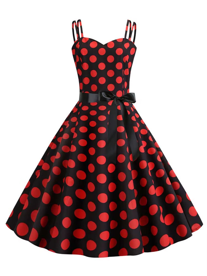 Women Summer Dress Robe Vintage 50S 60S Big Swing Party Rockabilly Dress Sexy Spaghetti Strap Polka Dot Vestidos
