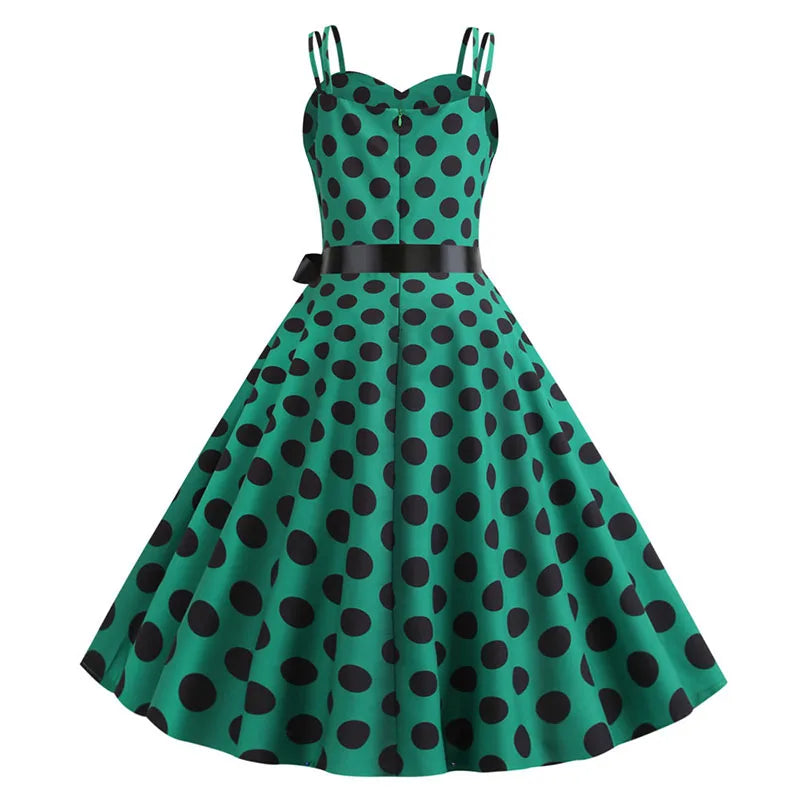 Women Summer Dress Robe Vintage 50S 60S Big Swing Party Rockabilly Dress Sexy Spaghetti Strap Polka Dot Vestidos