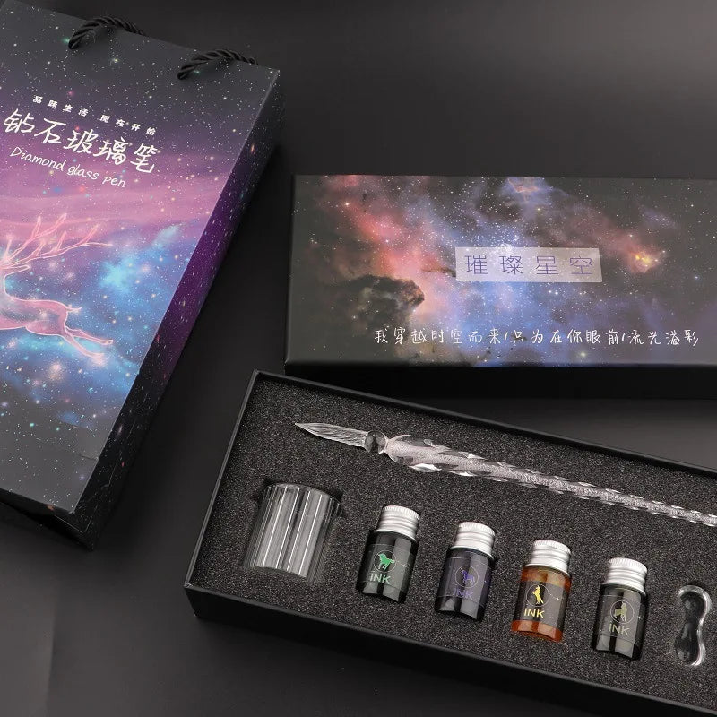 Starry Crystal Glass Dip Pen Crystal Vintage Glass Dip Pen for Art Writing Painting Signature Decoration Holiday Gift Set
