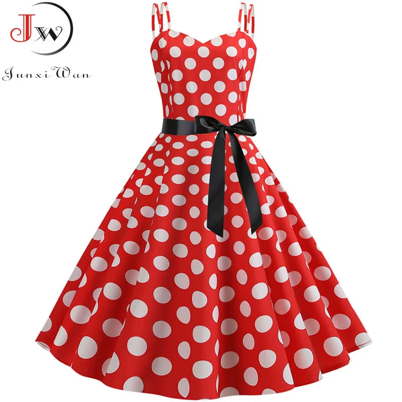 Women Summer Dress Robe Vintage 50S 60S Big Swing Party Rockabilly Dress Sexy Spaghetti Strap Polka Dot Vestidos