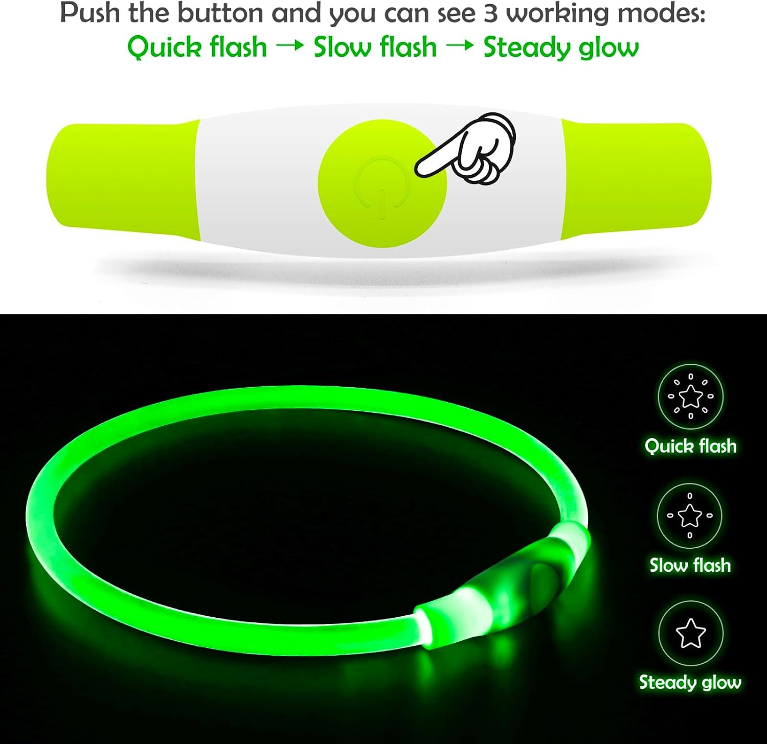 Led Dog Collar,  USB Rechargeable Flash Dog Necklace Light, Pet Safety Collar Makes Your Beloved Dogs Be Seen at Night for Small Medium Large Dogs(Green)