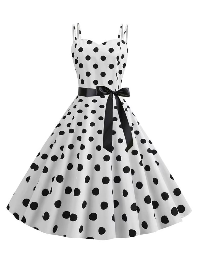 Women Summer Dress Robe Vintage 50S 60S Big Swing Party Rockabilly Dress Sexy Spaghetti Strap Polka Dot Vestidos